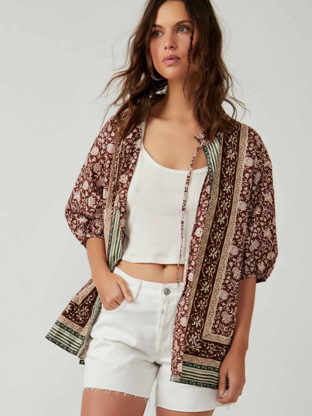 Free People Border Batik Buttondown Brown Size S